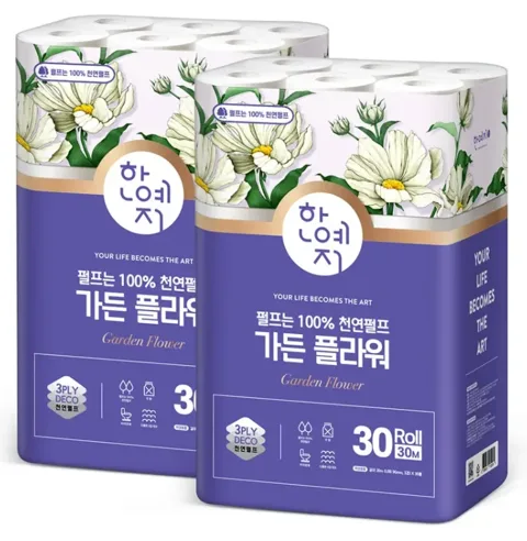 가든 플라워 3겹 천연펄프 화장지, 30m, 30롤,  2팩